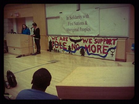 Nine speakers gave presentations at an overflowing Idle No More teach-in Jan. 10. [Photo: Patrick Weldon]