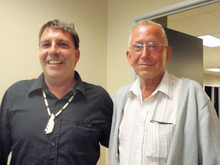 Kirk Arsenault and Daniel Paul after the motion to change the name of Cornwallis Junior High passed.