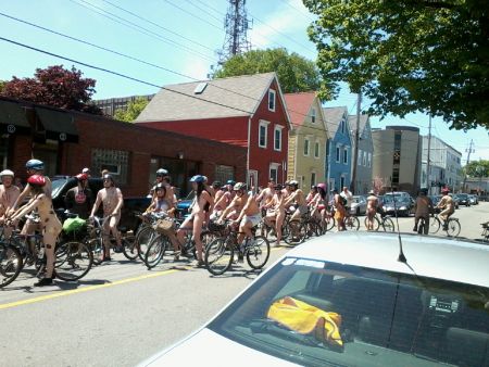 Riders gathering before heading downtown