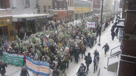 Despite being initially blocked from the downtown, students took Spring Garden Road then Barrington, and marched to Province House.  Photo: Tom MacDonald