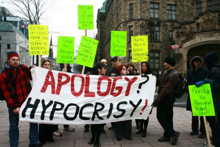 A Montreal rally protesting the cuts to the Aboriginal Healing Foundation (AHF), which funded over 130 programs for survivors of residential schools across the country. Photo: Ben Powless