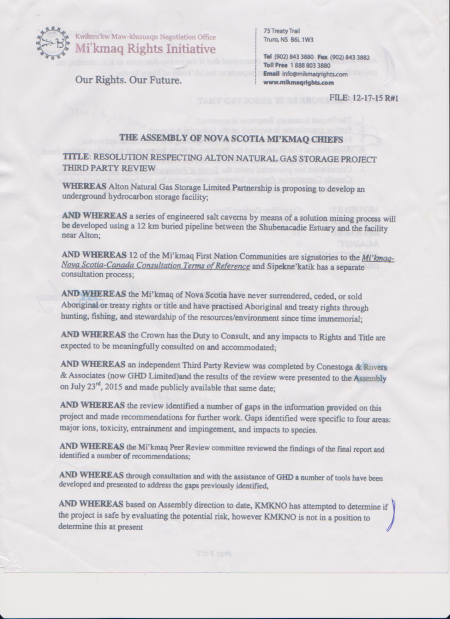 Did the NS Assembly of Mi'kmaq Chiefs Green Light the Alton Gas Project?