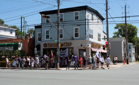 Cafe workers and supporters rally outside Second Cup.