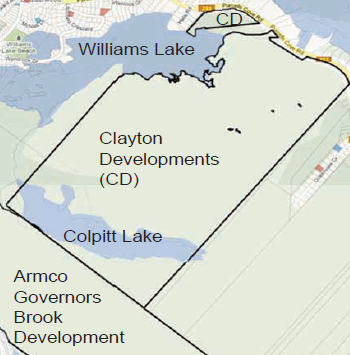 Map showing Clayton Developments land parcels along Purcell's Cove Road (Williams Lake Conservation Company)