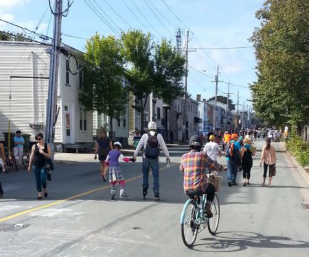 Halifax local residents walk, roller blade and cycle on Agricola Street during an open streets event to promote sustainable transportation in Halifax. Photo by Erica Butler.