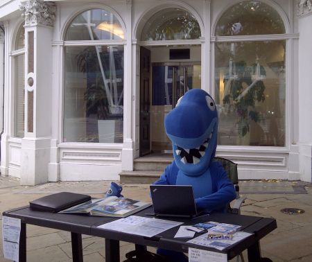 Hector the Blue Shark raising awareness on the plight of his species outside the MSC headquarters in London, England (Photo: EAC)