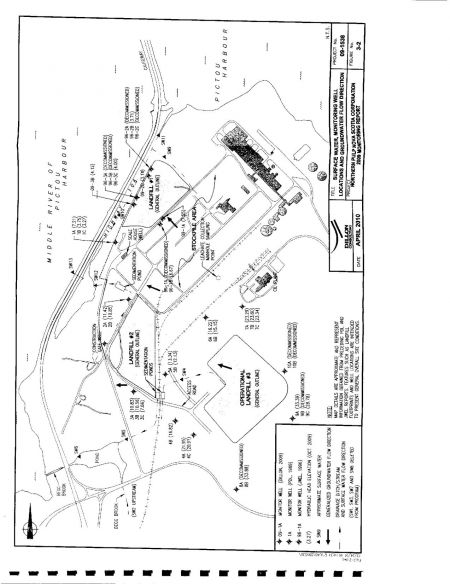 Position of wells, landfills and surface water collection stations at the Abercrombie Point site. 