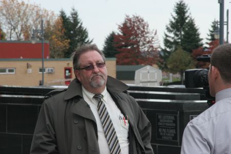 Defence lawyer Gilles Lemieux speaks to a reporter after today's non-bail hearing. [Photo: Miles Howe]