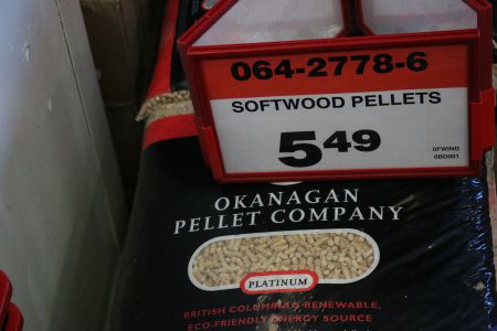 Okanagan Brand wood pellets, from West Kelowna, are now available at selected Canadian Tire stores in Halifax. This, after tens of thousands of tons of locally-produced wood pellets were exported to Belgium and beyond. [Photo: Miles Howe]