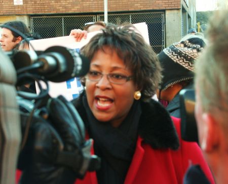 Rev. Rhonda Britton in Post-Rally Media Scrum. Photo: Miles Howe