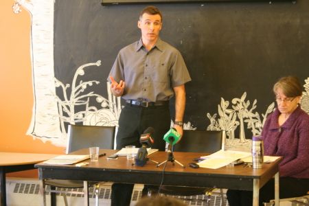 Economist James Sawler at the release of the 2013 Alternative Budget.  Sawler believes that balanced budgets are highly overrated and not what Nova Scotia needs at this time. [photo: R. Devet]