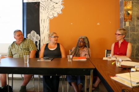 Panelists at the CCPA press conference unhappy over changes to social assistance rules.  From left to right: Michael Cassady, Crystal Leffley, Shari Clarke and Anne Houstoun.  Photo Robert Devet