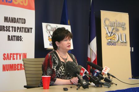 Joan Jessome, President of the NSGEU, at today's press conference. "Nurses are telling us that their voices are not going to be silenced if legislation is brought in." Photo Robert Devet