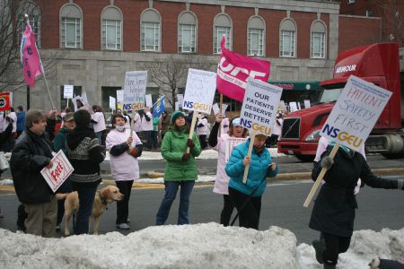 Nurses and home support workers rally at the Liberal AGM, March 29.  Photo Robert Devet