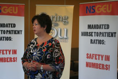 Joan Jessome told a press conference today that suspending nurses for two days without pay is excessive and is only making things worse.  Photo Robert Devet