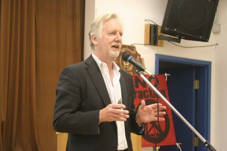 David Wheeler, chair of the fracking review panel, in the Noel Legion community hall, where he met an audience that still remembers the last time fracking occurred in their community.  Photo Robert Devet