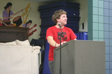 Jonethan Brigley, long-time ACORN Nova Scotia member, addresses a community meeting in Dartmouth North. Complaints about landlords were a common theme.  Photo Robert Devet