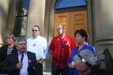 They are angry. Janet Hazelton of the NSNU, Rick Clarke of the NS Federation of Labour, Danny Cavanagh of CUPE NS, Corey Vermey of Unifor, and Joan Jessome of the NSGEU held a press conference on the steps of Province House to protest new legislation that imposes specific unions on healthcare workers. Photo Robert Devet