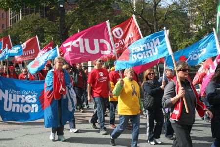 Janet Hazelton (far right), president of the NS Nurses Union, during on of the many fall rallies at the legislature. Hazelton worries that introducing for-profits into home-care will cause uncertainty for nurses and reduce quality of care. photo Robert Devet