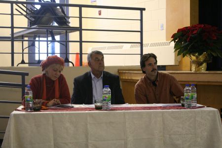 Local MLAs Lenore Zann (NDP) and Larry Harrison (PC) listen to the many speakers against the project.  To the right is Colin Hawkes, one of the organizers of the event. Photo Robert Devet