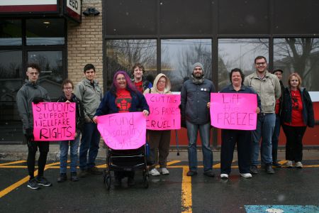 Do these people look threatening or what? Members of ACORN Nova Scotia and supporters briefly occupied Community Services Minister Joanne Bernard's constituency office to bring attention to the Liberal budget's effects on people living in poverty. Photo Robert Devet