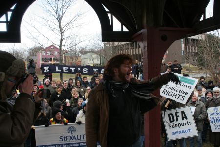 Halifax-Dartmouth and District Labour Council president Kyle Buott got the crowd 'fired up' (Photo: Miles Howe).