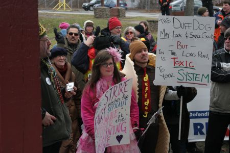 Costumed strikers. The strike fairy and the 'Duff dog,' in reference to St. F.X. vice-president of finances Ramsay Duff (Photo: Miles Howe).