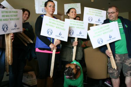 “Gutting our pension and wage restraint are hardly world class.”  Workers at Halifax Water, members of CUPE locals 1431 and  227, are getting ready for a strike or lockout. Proposed reductions to their pension plan are the main issue.  Photo Robert Devet