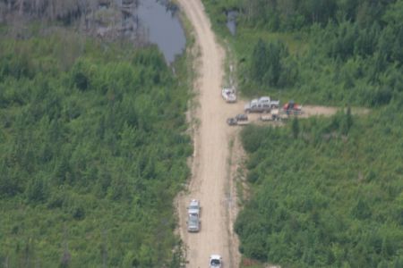 Aerial surveillance notes that SWN has begun to cut a seismic test line through the bush. The coordinates for the northern head of the line are: N 46 41.155 W 65 32.699 [Photo: Miles Howe]