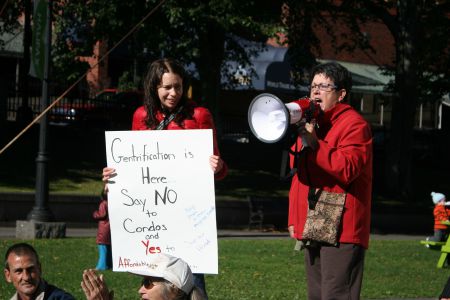 Deborah Key of the Brunswick Street Tenants Association talked about how the crowd was hit hard by North End gentrification. Photo Robert Devet