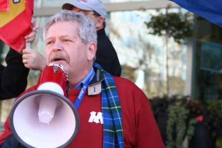 In one of his last acts as president of the Nova Scotia Federation of Labour now retired Rick Clarke addresses labour activists at the Nova Scotia Department of Labour. Photo Robert Devet 