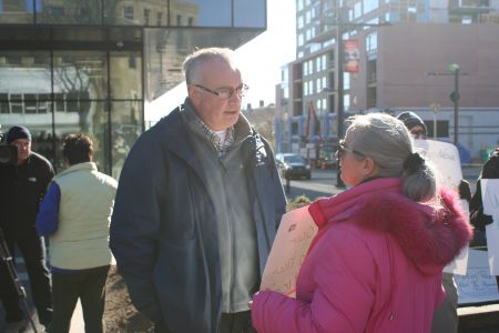 Dan Troke, CEO of Housing Nova Scotia, talked with the protesters but made no commitments. Photo Robert Devet