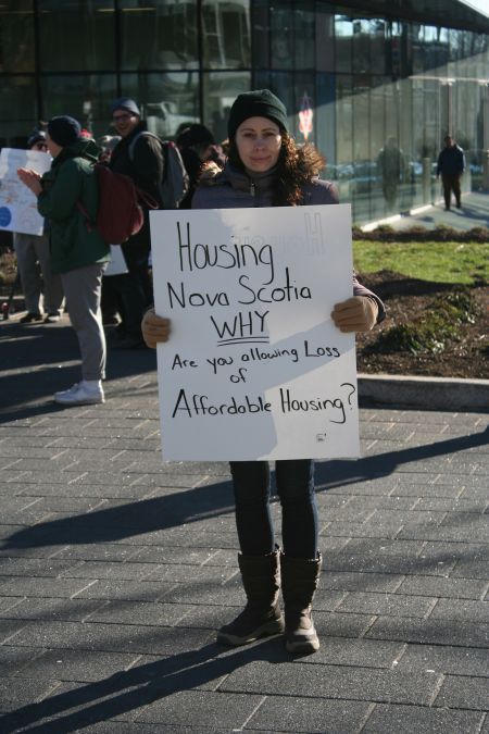 Tenants of Harbour City Homes who have been evicted, rallied at the Central Library, asking Housing Nova Scotia to stop ignoring the loss of affordable housing in the North End. Photo Robert Devet