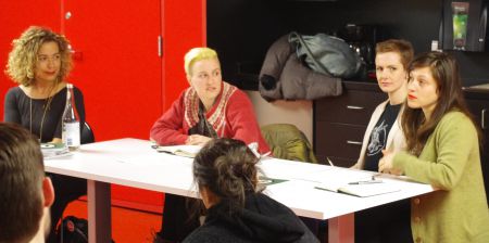 Friends of the Khyber members (l-r) Catherine Abreu, Emily Davidson, Rebecca Rose and Susan Wolf at a public meeting February 17 on redevelopment plans for the iconic Barrington Street Heritage Property. [Photo: L. Shepherd]