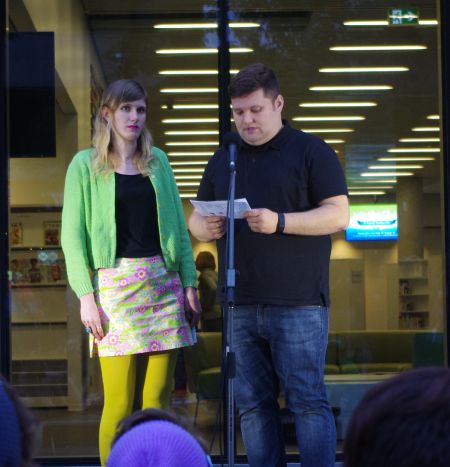 Rainbow Refugees Network volunteers, Laura Cannon (l) and James boyle (r) speaking on local efforts to place LGBTQI refugees.