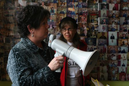 Joan Jessome, president of the NSGEU, fears that lay-offs of case workers in rural Nova Scotia are only the beginning. More of the same and additional program cuts are likely.  Here she is addressing the crowd during the 2013 International Day to Eradicate Poverty. Photo Robert Devet