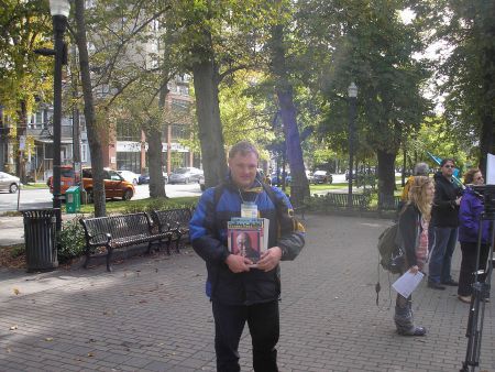 Kendall Worth is a regular contributor to the Halifax Media Co-op.  Here, he is seen selling the "voice of the poor" newspaper, Street Feat 