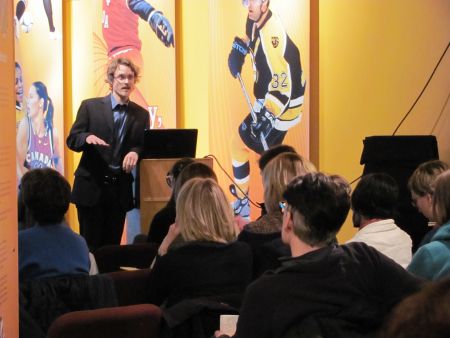 Matthew Hayes speaking on climate justice at the Planning Fredericton Forum on April 2nd, 2011 at the NB Sports Hall of Fame in Fredericton. Photo: Tracy Glynn.