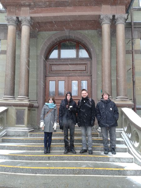 NS ACORN members (from left to right) Victoria Ryan, Isaac Crosthwaite, Scott Domenie, and Jonethan Brigley. Domenie and Brigley responded to Leo Glavine's article with a letter of their own, asking the Minister to try living on income assistance for six months (photo courtesy ACORN)