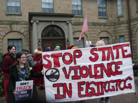 Those gathered were taking part in an Emergency Day of Action in solidarity with the shale gas struggle in Elsipogtog.  Photo: Hillary Lindsay