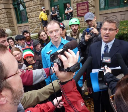 Occupier Miles Howe, lawyer Gordon Allen and supporters outside Nova Scotia provincial courthouse today. photo by Moira Peters