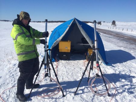 Alan Goodwin, vice-president of operations with Adrok, in the PEI National Park. His equipment has the ability to detect minerals, oil and natural gas 4 km underground.  His appearance in the park raised concerns with some environmental groups. Was he searching for natural gas in advance of fracking operations?  Turns out he was only testing equipment. Judy Profitt photo 