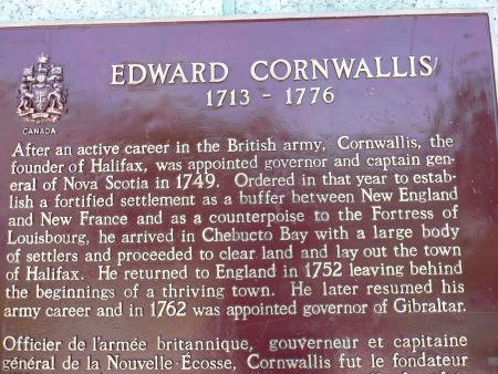 A plaque commemorating Edward Cornwallis, which makes no mention of his attempt to exterminate the Mi'kmaq (Photo: Hillary Lindsay)