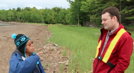 Pictou Landing First Nation band member Maurina Beadle speaks with Minister of the Environment Randy Delorey, at the site of last year's Northern Pulp effluent pipe burst. Delorey could have pushed through Bill 111 - An Act to Address Environmental Racism - during the spring session, but didn't. [Photo: M. Howe] 