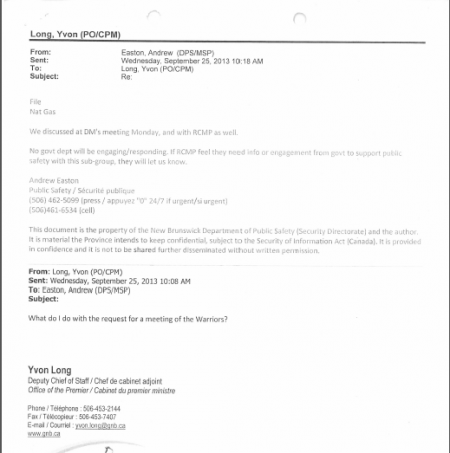 Prior to any blockade, prior to any traffic stoppage, prior to any narrative of violence, and prior to any raid, documents show the Mi'kmaq Warrior Society requested a meeting with the Premier's Office in mid-September 2013, to "discuss Shale Gas and the treatment of indigenous peoples." 