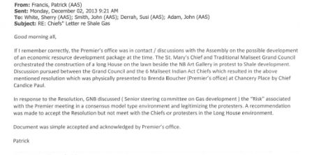 An internal email we have acquired suggests that former Premier Alward and staff would not have a meeting at a long house erected in view of the provincial Legislature, over the risk of consensus!