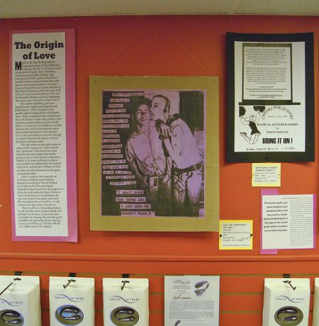 Poster-size pages from queer zines are on display at Venus Envy in Halifax. 