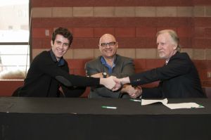 Cape Breton University Students’ Union president Brendan Ellis (left), CBU Faculty Association president Scott Stewart (middle) and CBU president David Wheeler (right) have launched a national campaign to eliminate tuition for post-secondary education