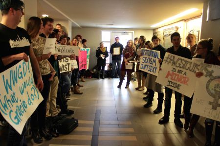 After earlier completely cutting funding to Women and Gender Studies, Mount Alison university has bowed to public pressure and is providing two part-time stipends to the department for the upcoming year. But that's not enough say students [Photo: Allison Grogan] 