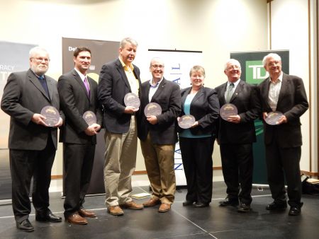 Winners of Wednesday nights awards included (Left to Right) Norm Collins for Advocate of the Year, Geoff MacLellan for Most Open MLA, John Lohr for Rookie of the Year, Chris d'Entremont for Legislator of the Year, Maureen MacDonald for Most Knowledgeable MLA, Sterling Belliveau for Most Collaborative MLA and Bill Black for Story Shaper of the Year. Missing, David Darrow for Public Servant of the Year. Photo Rebecca Zimmer